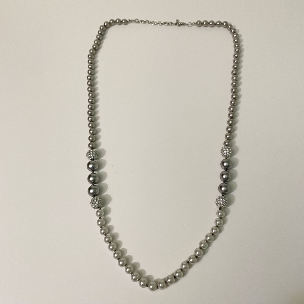Grey Faux Pearl & Rhinestone Pave Disco Ball Beaded Necklace 35”